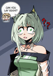  1boy 1girl ? ?? absurdres animal_ear_fluff animal_ears arknights blonde_hair breasts cat_ears cat_girl choker confused dress dryegen dungeon_meshi green_dress green_eyes green_hair highres kal&#039;tsit_(arknights) laios_touden material_growth medium_breasts medium_hair off-shoulder_dress off-shoulder_jacket off_shoulder oripathy_lesion_(arknights) see-through see-through_sleeves speech_bubble 