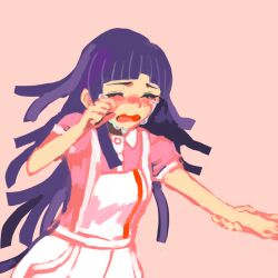  1girl apron aynoh blush cowboy_shot crying d: danganronpa_(series) danganronpa_2:_goodbye_despair hand_up holding_another&#039;s_wrist long_hair pink_shirt puffy_short_sleeves puffy_sleeves purple_hair shirt short_sleeves simple_background solo_focus tears tsumiki_mikan white_apron 