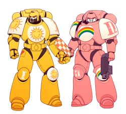  2boys adapted_costume adeptus_astartes armor care_bears cheer_bear cheer_bear_(cosplay) chumiicham cosplay full_body funshine_bear funshine_bear_(cosplay) gun highres holding holding_gun holding_weapon male_focus multiple_boys pink_armor simple_background warhammer_40k weapon white_background yellow_armor 