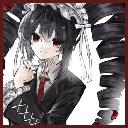  1girl black_hair black_jacket black_nails border celestia_ludenberg collared_shirt danganronpa:_trigger_happy_havoc danganronpa_(series) drill_hair fingernails frilled_sleeves frills gothic_lolita hair_between_eyes hairband hands_up highres interlocked_fingers jacket lolita_fashion lolita_hairband long_hair long_sleeves medium_bangs mommnnm nail_polish necktie own_hands_together parted_lips petals red_border red_eyes red_necktie shirt smile solo twin_drills white_hairband white_shirt 