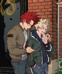  2boys arm_around_shoulder bakugou_katsuki bandaid bandaid_on_face bandaid_on_forehead black_hoodie black_pants blonde_hair boku_no_hero_academia brown_jacket green_jacket hand_in_pocket holding holding_phone hood hood_down hoodie jacket kirishima_eijirou looking_at_phone looking_at_viewer male_focus middle_finger multiple_boys open_clothes open_jacket open_mouth pants phone redhead scallopojisan shirt short_hair spiky_hair tongue tongue_out white_shirt 