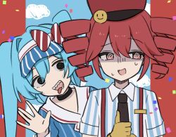  2girls :d @_@ \||/ aqua_hair averting_eyes black_choker black_eyes black_necktie blue_dress blue_shirt blue_sky border bow choker close-up clouds collared_shirt commentary confetti crazy diagonal-striped_bow distress_hand_signal dress dress_shirt drill_hair empty_eyes facing_viewer front-to-back gloom_(expression) hair_between_eyes hair_intakes hand_up hat hat_bow hatsune_miku head_tilt highres kanisasare_ta kasane_teto long_hair long_hair_between_eyes looking_at_viewer looking_to_the_side mesmerizer_(vocaloid) multiple_girls necktie nervous nervous_smile nervous_sweating open_mouth own_hands_together pillarboxed pinstripe_dress pinstripe_hat pinstripe_pattern portrait raised_eyebrows red_border red_bow red_hat redhead scared shaded_face sharp_teeth shirt short_sleeves side-by-side sky smile smiley_face smirk sweat teeth thumbs_up tongue tongue_out twin_drills twintails utau very_long_hair vocaloid waving white_bow white_shirt worried 