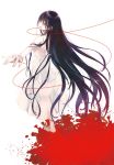  1girl barefoot black_hair blood dress foreshortening green_eyes highres long_hair mizuki_shigeko-san_to_musubaremashita namanie official_art red_thread solo very_long_hair 