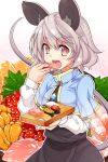  1girl animal_ears blush capelet eating grey_hair highres jewelry kotomuke_fuurin long_hair looking_at_viewer mouse_ears mouse_tail nazrin open_mouth pendant red_eyes short_hair solo sushi tail touhou 