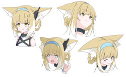  1girl :t ;) anger_vein animal_ear_fluff animal_ears anime_coloring arknights bare_shoulders blonde_hair blue_hairband closed_mouth commentary_request constricted_pupils cropped_head cropped_torso expressions eyes_visible_through_hair hair_rings hairband highres infection_monitor_(arknights) looking_ahead looking_at_viewer motsupu multicolored_hair multiple_views one_eye_closed open_mouth pout scared shaded_face shirt short_hair simple_background sleeveless sleeveless_shirt smile split_mouth streaked_hair suzuran_(arknights) tearing_up white_background white_hair white_shirt yellow_eyes 