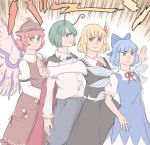  4girls antennae bird_wings blonde_hair blue_eyes blue_hair bow brown_eyes cape cirno dress expressionless frilled_dress frills green_eyes green_hair hair_bow hair_ribbon hat long_sleeves mefomefo multiple_girls mystia_lorelei outstretched_arms pink_hair red_eyes ribbon rumia serious shirt short_hair skirt spread_arms sweat team_9 touhou vest wings wriggle_nightbug 