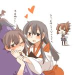  3girls akagi_(kantai_collection) black_eyes black_hair blush brown_hair chibi costume eggplant folded_ponytail heart inazuma_(kantai_collection) kaga_(kantai_collection) kantai_collection long_hair lowres multiple_girls one_eye_closed open_mouth rebecca_(keinelove) short_hair side_ponytail solid_circle_eyes sweat translated 