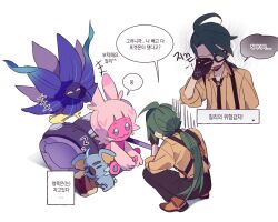  +++ 1brad 1girl ahoge black-framed_eyewear black_gloves black_necktie black_pants brown_footwear collared_shirt glasses glimmora gloves green_hair hand_up highres komala korean_text long_hair multiple_views necktie open_mouth pants pokemon pokemon_(creature) pokemon_sv ponytail rika_(pokemon) shirt shoes speech_bubble suspenders tinkaton translation_request zzz 