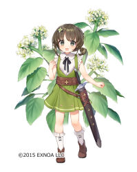  1girl :d belt brown_footwear chestnut_vine_(flower_knight_girl) company_name dress flower flower_knight_girl green_eyes hair_flower hair_ornament mg_kurino official_art pinafore_dress sheath sleeveless sleeveless_dress smile socks solo sword weapon white_background white_socks 