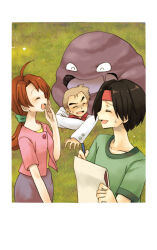  1girl 2boys :d ahoge black_hair border brown_hair closed_eyes coat collarbone commentary_request delia_ketchum eiki_(yumekapu) grass green_shirt hair_ornament hair_scrunchie headband holding jacket long_hair muk multiple_boys open_mouth outdoors pink_jacket pokemon pokemon_(anime) pokemon_(classic_anime) pokemon_(creature) ponytail purple_skirt red_headband red_shirt samuel_oak scrunchie shirt short_hair short_sleeves skirt smile sweatdrop tracey_sketchit white_border white_coat yellow_shirt 