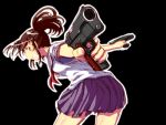  1girl brown_hair character_request dexsini dual_wielding foreshortening grin gun handgun long_hair pistol pleated_skirt ponytail school_uniform serafuku skirt smile solo weapon 