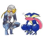  1girl bandages blonde_hair braid greninja long_hair nintendo o0rikka0o ocarina_of_time pokemon pokemon_(creature) red_eyes sheik squatting super_smash_bros. the_legend_of_zelda tongue 