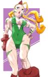  1girl adapted_costume ahoge beret blonde_hair breasts cammy_white camouflage center_opening cleavage combat_boots facepaint gloves hat highres huge_ahoge large_breasts leotard long_hair samon sideboob sketch solo street_fighter twintails wrestling_outfit 