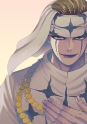  1boy closed_mouth commentary danbat_miho dress eyeliner hair_slicked_back head_scarf highres jewelry lipstick looking_at_viewer makeup male_focus necklace one_piece pearl_necklace pell simple_background smile solo symbol-only_commentary upper_body white_dress 