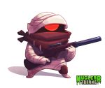  bandages bandana_over_mouth bandit_(nuclear_throne) copyright_name cyclops gun justin_chan nuclear_throne one-eyed red_eyes simple_background solo standing weapon white_background 