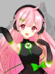  1girl black_gloves blush braid cable commentary elbow_gloves gloves hair_ornament hairclip headphones long_hair lowres momosaka_hina open_mouth pink_eyes pink_hair promotional_art racequeen razer side_braid single_braid smile solo tsukigami_runa 