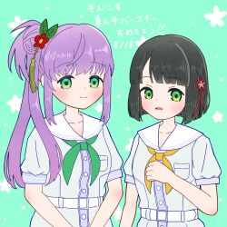  2girls black_hair blue_dress blunt_bangs blunt_ends blush breast_pocket clenched_hand closed_mouth commentary_request dress flower flower_knot green_background green_eyes green_neckerchief hair_bun hair_flower hair_ornament hasu_no_sora_school_uniform highres link!_like!_love_live! long_hair love_live! momose_ginko multiple_girls neckerchief okome_(okome_l_l) open_mouth otomune_kozue pleated_dress pocket puffy_short_sleeves puffy_sleeves purple_hair red_flower sailor_collar sailor_dress school_uniform short_hair short_sleeves side_ponytail sidelocks single_side_bun smile split_mouth summer_uniform translation_request upper_body v_arms virtual_youtuber white_sailor_collar yellow_neckerchief 