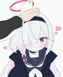  1boy 1girl aoiumi22 black_choker black_coat black_hairband black_sailor_collar black_serafuku blue_archive blush bow braid choker closed_mouth coat dot_nose grey_eyes hair_bow hair_over_one_eye hairband halo headpat heart highres long_hair looking_at_viewer multicolored_hair neckerchief open_clothes open_coat plana_(blue_archive) red_halo sailor_collar school_uniform serafuku simple_background smile solo_focus streaked_hair upper_body white_background white_bow white_hair white_neckerchief 