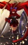 1girl armor bow cape commentary_request cosplay digimon digital_hazard dukemon dukemon_(cosplay) goingtobemad hair_bow highres lance photoshop_(medium) polearm red_eyes red_hair sekibanki shield shirt short_hair skirt smile touhou weapon