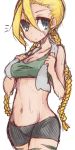  /\/\/\ 1girl antenna_hair bike_shorts blonde_hair braid breasts cammy_white long_hair midriff mound_of_venus navel no_hat ri_yuka-shi scar solo sports_bra street_fighter sweat towel towel_around_neck twin_braids 