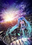  108tooya 1girl blue_hair cityscape clouds cloudy_sky dawn hatsune_miku hologram long_hair miku_append over-kneehighs sky solo thigh-highs twintails vocaloid vocaloid_append 