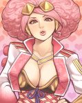  1girl afro big_hair bra breasts brown_eyes cleavage cropped_jacket eyelashes eyeshadow hair_comb hair_ornament heart heart_background koshoushou large_breasts lips lipstick makeup maou_alba pink_hair puckered_lips sengoku_musou sengoku_musou_4 solo strapless_bra underwear 