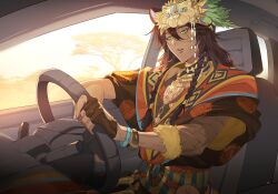  1boy african_clothes braid brown_hair car_interior commentary_request driving fingerless_gloves fishee_(fisheem4mmal) gloves green_eyes headdress long_hair male_focus savannah scar scar_across_eye slit_pupils solo twin_braids twisted_wonderland upper_body 