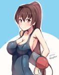  1girl alternate_costume arms_behind_back blush breasts brown_hair bust dated kantai_collection long_hair looking_at_viewer ponytail red_eyes school_swimsuit shuuichi sketch smile solo swimsuit torpedo twitter_username yamato_(kantai_collection) 