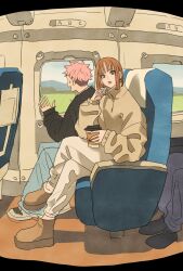  1boy 1girl black_sweater commentary_request crossed_legs cup denim full_body highres holding holding_cup itadori_yuuji jeans jujutsu_kaisen kugisaki_nobara light_brown_hair long_sleeves looking_at_viewer open_mouth pants pink_hair short_hair sidelocks spiky_hair sweater takeuchi_ryousuke train_interior undercut 