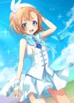  blue_eyes happy hat kousaka_honoka love_live!_school_idol_project necktie orange_hair short_hair side_ponytail sky 