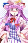  1girl :o blush bow crescent_moon e.o. glasses hands_on_hips highres long_hair looking_at_viewer mob_cap moon nightgown nose_blush open_mouth patchouli_knowledge purple_hair solo striped striped_pajamas touhou very_long_hair violet_eyes 