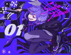  asymmetrical_arms black_shirt blue_background blue_eyes braid checkered_flag fang flag full_body gun hair_ornament hairclip head_wings heterochromia holding holding_gun holding_weapon lanyard long_hair nijisanji nijisanji_en open_mouth pants purple_hair purple_pants selen_tatsuki selen_tatsuki_(1st_costume) shiogaki shirt shoes smile tail twin_braids violet_eyes virtual_youtuber weapon wings 