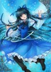  1girl black_hair black_legwear blue_dress blue_eyes boots bow brooch dress fairy_wings hair_bow jewelry juliet_sleeves long_hair long_sleeves mosho open_mouth pantyhose puffy_sleeves shirt smile solo star_sapphire touhou traditional_media very_long_hair watercolor_(medium) wide_sleeves wings 