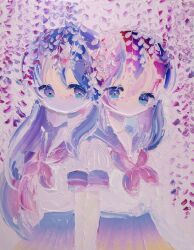  2girls acrylic_paint_(medium) blue_eyes flower highres impasto long_hair looking_at_viewer multiple_girls neckerchief oda_mifuu original outdoors painting_(medium) pleated_skirt purple_hair red_neckerchief sailor_collar school_uniform serafuku shirt short_sleeves skirt standing traditional_media upper_body white_shirt wisteria 