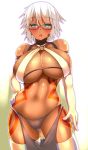 1girl breasts choker contrapposto dark_skin elbow_gloves glasses gloves green_eyes hand_on_hip highres huge_breasts looking_at_viewer navel o-ring_top open_mouth ordures original short_hair solo tattoo thigh-highs thighs white_hair white_legwear 