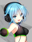  1girl black_gloves blue_eyes blue_hair commentary crop_top gloves halter_top halterneck headphones lowres mizushima_riko open_mouth promotional_art racequeen razer short_hair small_breasts smile solo tsukigami_runa wireless 