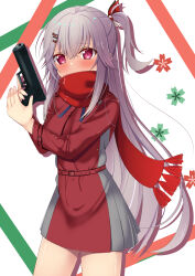  1girl belt blue_ribbon blush commentary_request commission cosplay covered_mouth dress drop_shadow fringe_trim grey_dress grey_hair gun hair_ornament hair_ribbon hairclip hanasaki_work_spring handgun hands_up highres holding holding_gun holding_weapon kasumasu_(tales75) long_hair long_scarf long_sleeves looking_at_viewer lycoris_recoil lycoris_uniform neck_ribbon nishikigi_chisato nishikigi_chisato_(cosplay) one_side_up pink_eyes pleated_dress raised_eyebrows red_belt red_dress red_scarf ribbon scarf shiranui_inori shy sidelocks simple_background skeb_commission solo two-tone_dress variant_set very_long_hair weapon white_background 