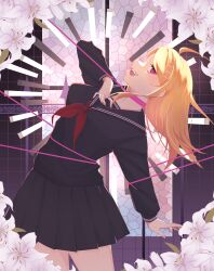  1girl absurdres ahoge akamatsu_kaede blonde_hair breasts danganronpa_(series) danganronpa_v3:_killing_harmony hair_ornament highres large_breasts long_hair long_sleeves looking_at_viewer musical_note musical_note_hair_ornament official_alternate_costume open_mouth pleated_skirt shirt skirt smellybelly_(ogo0d40) smile 