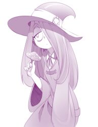  1girl bleedman cowboy_shot greyscale hair_over_one_eye hat highres holding holding_mushroom little_witch_academia long_sleeves monochrome mushroom one_eye_covered robe simple_background solo sucy_manbavaran white_background wide_sleeves witch_hat 