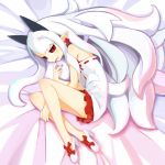  1girl adapted_costume albino bed_sheet black_sclera earrings highres horns jewelry long_hair lying miniskirt on_side phantom_kingdom pointy_ears pram red_eyes shoes skirt smile solo white_hair zizi_niisan 