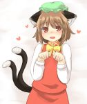  1girl animal_ears blush brown_hair cat_ears cat_tail chen hat heart highres multiple_tails orange_eyes paw_pose s_katsuo shirt short_hair skirt tail touhou two_tails vest 