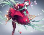  1girl absurdly_long_hair apple basket bird boots corset deer food fruit green_hair hand_on_own_face hatsune_miku little_red_riding_hood little_red_riding_hood_(cosplay) little_red_riding_hood_(grimm) long_hair lyodi open_mouth red_eyes scissors solo thigh-highs twintails very_long_hair vocaloid 