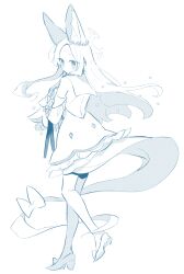  1girl animal_ears bare_back blue_archive blue_theme detached_sleeves dress from_behind full_body halo long_hair looking_at_viewer looking_back monochrome seia_(blue_archive) shoes solo star_(symbol) tail very_long_tail yun_(dust-i1) 