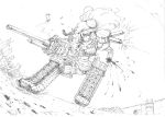  1girl absurdres amputee arm_cannon battle beret blood cigarette damaged dexsini hair_over_one_eye hat highres long_hair mecha_musume military military_vehicle monochrome shell_casing sketch smoking solo tank vehicle weapon 