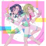  2boys aoyagi_hajime blonde_hair blue_hair copyright_name fingerless_gloves gloves heart male multiple_boys open_mouth s9ueeze sportswear star tea teabag teshima_junta yowamushi_pedal 