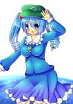  1girl alternate_hairstyle blue_eyes blue_hair blush breasts chocolat_(momoiro_piano) dress drill_hair hair_bobbles hair_ornament hand_up hat kawashiro_nitori key long_sleeves looking_at_viewer short_hair skirt skirt_set smile solo standing touhou twintails water 