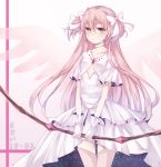  1girl blurry bow bow_(weapon) choker dated dress gloves goddess_madoka hair_bow highres kaname_madoka long_hair looking_at_viewer mahou_shoujo_madoka_magica pink_background pink_hair pink_legwear smile solo thigh-highs weapon white_dress white_gloves wings yellow_eyes 