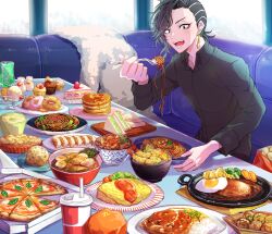  1boy 26caaan asymmetrical_hair black_hair black_shirt collared_shirt cup cupcake disposable_cup doughnut drinking_straw dumpling earrings eating food food_focus fried_egg gold_earrings highres holding holding_food jewelry jiaozi kokonoi_hajime long_sleeves male_focus noodles omelet open_mouth pancake pancake_stack pizza ramen sandwich shirt short_hair shrimp shrimp_tempura sidecut sitting solo tempura tokyo_revengers undercut upper_body wavy_hair 