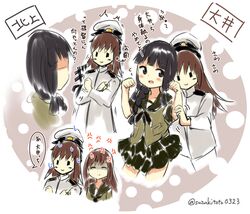  1boy 2girls admiral_(kantai_collection) anger_vein black_hair braid brown_hair character_name disguise kantai_collection kitakami_(kantai_collection) long_hair mask military military_uniform multiple_girls naval_uniform neckerchief ooi_(kantai_collection) pleated_skirt school_uniform serafuku shaded_face single_braid skirt smile suzukitoto0323 sweatdrop translation_request twitter_username uniform 