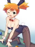  1girl ;d all_fours alternate_costume animal_ears ball bare_shoulders billiards blush bowtie breasts bunny_girl bunny_tail bunnysuit chro_(rulurullu) cleavage detached_collar fishnet_pantyhose fishnets green_eyes high_heels highres indoors kasumi_(pokemon) looking_at_viewer misty_(pokemon) one_eye_closed open_mouth orange_hair pantyhose pokemon pokemon_(anime) pool_table rabbit_ears short_hair side_ponytail smile solo tail wrist_cuffs 